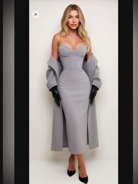 HOUSE OF CB 'Kiki' Grey Mesh Panelled Midi Dress/Size S-US 4-6 $259